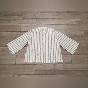 Lafayette 148 women's 100% cotton black white striped long sleeve blouse shirt L